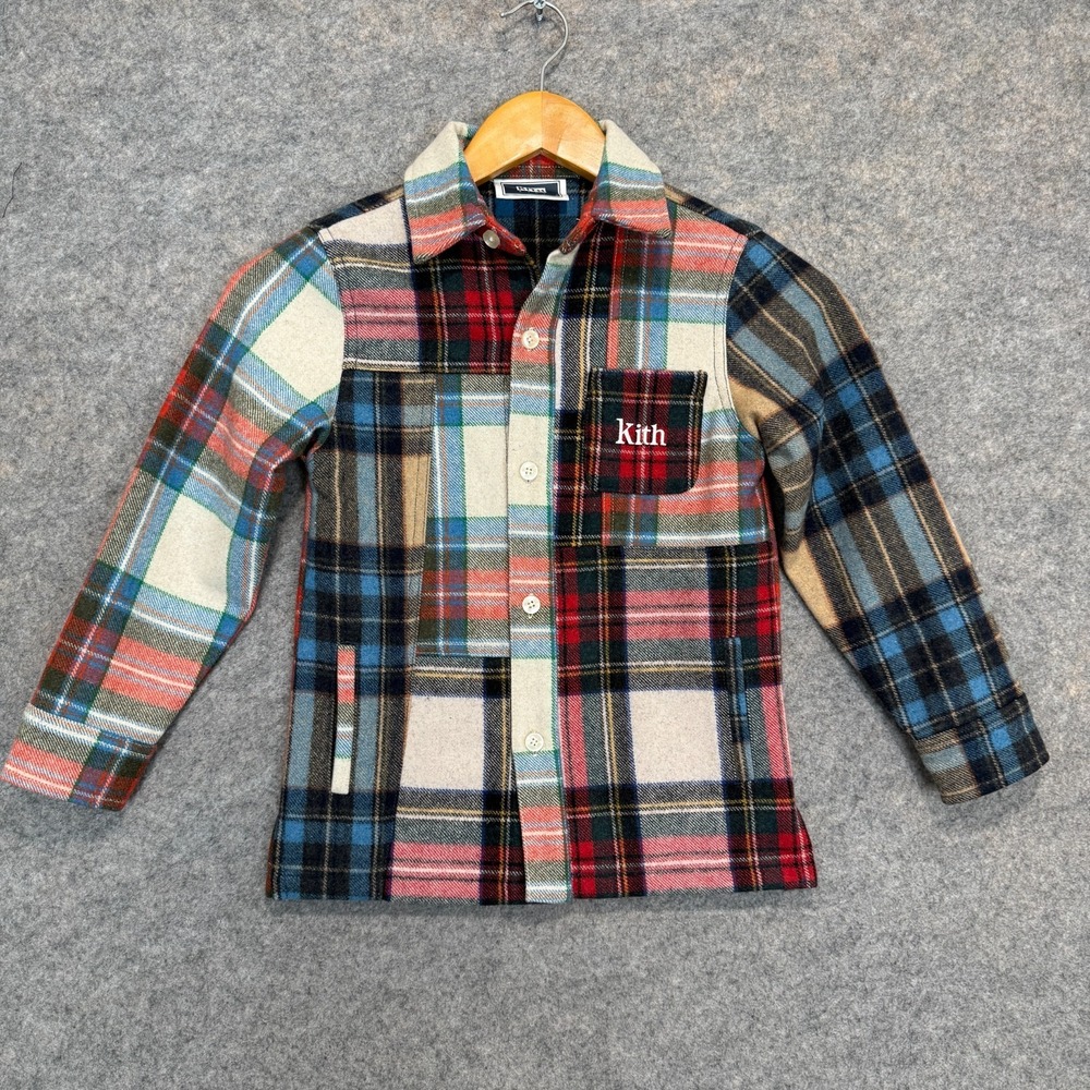 Kith Kids Ginza Wool Flannel Button Shirt 6 Plaid Bergamot Blue Red Shacket